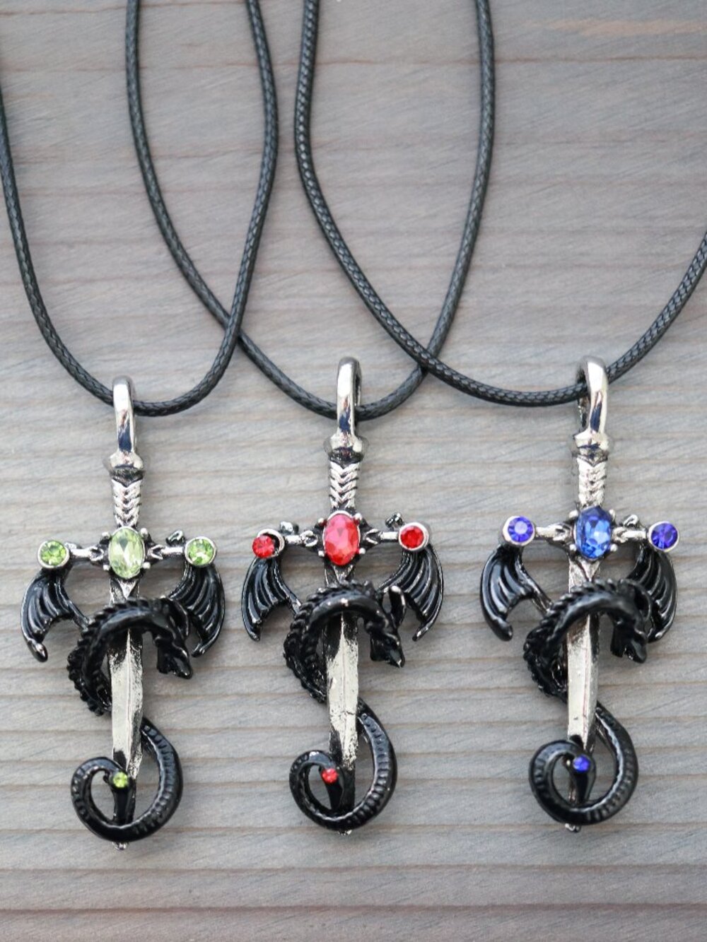 Cross Sword Design with Black Dragon & Gemstones Leather Necklace Silver Stainle